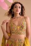 Shop_Samyukta Singhania_Yellow Chiffon, Silk, Georgette Embroidery V-neck Floral Hand Lehenga Set 
