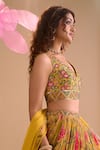 Buy_Samyukta Singhania_Yellow Chiffon, Silk, Georgette Embroidery V-neck Floral Hand Lehenga Set _Online