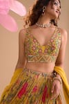 Shop_Samyukta Singhania_Yellow Chiffon, Silk, Georgette Embroidery V-neck Floral Hand Lehenga Set _Online