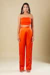 Buy_Anamika Khanna_Orange Silk, Satin Embroidery Asymmetric Coral One Shoulder Tunic And Pant Set _Online_at_Aza_Fashions