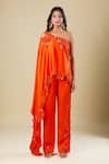 Shop_Anamika Khanna_Orange Silk, Satin Embroidery Asymmetric Coral One Shoulder Tunic And Pant Set _Online_at_Aza_Fashions