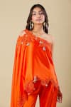 Anamika Khanna_Orange Silk, Satin Embroidery Asymmetric Coral One Shoulder Tunic And Pant Set _at_Aza_Fashions