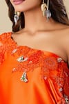 Buy_Anamika Khanna_Orange Silk, Satin Embroidery Asymmetric Coral One Shoulder Tunic And Pant Set 