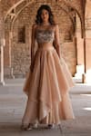 Buy_Label Anshu Khathuria_Beige Tissue Beads Square Neck Hand Embroidered Bralette And Skirt Set _at_Aza_Fashions
