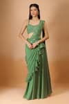 Buy_Aariyana Couture_Green Georgette Sequins, Embroidery, Beads Plunge Pre-draped Saree With Blouse _at_Aza_Fashions