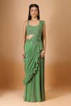 Buy_Aariyana Couture_Green Georgette Sequins, Embroidery, Beads Plunge Pre-draped Saree With Blouse _Online_at_Aza_Fashions