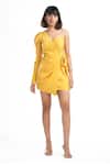 Ahi Clothing X AZA_Yellow Satin, Crepe One Shoulder Daisy Sunglow Mini Dress _Online_at_Aza_Fashions
