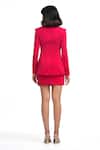 Shop_Ahi Clothing X AZA_Red Satin, Crepe Embroidery Square Neck Rosette Crimson Coat And Mini Skirt Set _at_Aza_Fashions