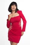 Buy_Ahi Clothing X AZA_Red Satin, Crepe Embroidery Square Neck Rosette Crimson Coat And Mini Skirt Set _Online_at_Aza_Fashions