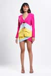 Shop_Ahi Clothing X AZA_Fuchsia Satin, Crepe Electric Tri Color Structured Coat And Mini Skirt Set _Online_at_Aza_Fashions