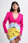 Ahi Clothing X AZA_Fuchsia Satin, Crepe Electric Tri Color Structured Coat And Mini Skirt Set _at_Aza_Fashions