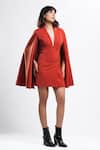 Ahi Clothing X AZA_Rust Satin, Crepe V-neck Tangerine Mahogany Tux Cape Jacket Dress _Online_at_Aza_Fashions