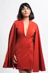 Buy_Ahi Clothing X AZA_Rust Satin, Crepe V-neck Tangerine Mahogany Tux Cape Jacket Dress _Online_at_Aza_Fashions