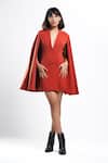Shop_Ahi Clothing X AZA_Rust Satin, Crepe V-neck Tangerine Mahogany Tux Cape Jacket Dress _Online_at_Aza_Fashions