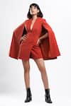 Buy_Ahi Clothing X AZA_Rust Satin, Crepe V-neck Tangerine Mahogany Tux Cape Jacket Dress _at_Aza_Fashions