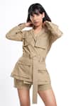 Buy_Ahi Clothing X AZA_Beige Cotton Collared Zest Khakhi Jacket And Shorts Set _Online_at_Aza_Fashions