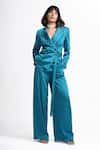 Ahi Clothing X AZA_Teal Satin, Crepe Quinn Embellished Wrap Buckle Cort And Pant Set _Online_at_Aza_Fashions