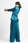 Shop_Ahi Clothing X AZA_Teal Satin, Crepe Quinn Embellished Wrap Buckle Cort And Pant Set _at_Aza_Fashions