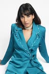 Ahi Clothing X AZA_Teal Satin, Crepe Quinn Embellished Wrap Buckle Cort And Pant Set _at_Aza_Fashions