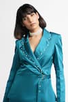 Buy_Ahi Clothing X AZA_Teal Satin, Crepe Quinn Embellished Wrap Buckle Cort And Pant Set 