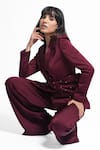 Ahi Clothing X AZA_Maroon Satin, Crepe Mackenzie Purple Shimmer Coat And Pant Set _at_Aza_Fashions