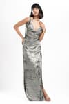 Shop_Ahi Clothing X AZA_Green Shantoon Cowl Neck Lulu Shimmer Long Dress Set _Online_at_Aza_Fashions