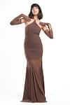 Buy_Ahi Clothing X AZA_Brown Lycra Halter Neck Aurecia Coffee Ruched Sheath Dress _at_Aza_Fashions