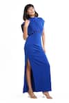 Buy_Ahi Clothing X AZA_Blue Crepe Beads Round Neck Chloe Pleated Yoke Dress _Online_at_Aza_Fashions