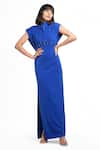 Buy_Ahi Clothing X AZA_Blue Crepe Beads Round Neck Chloe Pleated Yoke Dress _at_Aza_Fashions