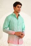 Eleven Brothers_Turquoise Linen Embroidery Rain Check Shirt _Online_at_Aza_Fashions