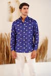 Shop_Eleven Brothers_Blue Linen Fish Tales Printed Shirt _at_Aza_Fashions