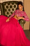 Shop_Krishna Padia_Pink Crepe, Organza Beads, Sequins, Embroidery Round Neck Hand Lehenga Set _Online_at_Aza_Fashions