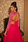 Krishna Padia_Pink Crepe, Organza Beads, Sequins, Embroidery Round Neck Hand Lehenga Set _at_Aza_Fashions