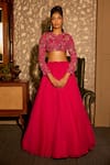 Buy_Krishna Padia_Pink Crepe, Organza Beads, Sequins, Embroidery Round Neck Hand Lehenga Set _at_Aza_Fashions