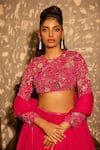 Shop_Krishna Padia_Pink Crepe, Organza Beads, Sequins, Embroidery Round Neck Hand Lehenga Set 