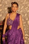 Krishna Padia_Purple Crepe Sequins, Beads V-neck Hand Embroidered Pre-draped Saree Set _Online_at_Aza_Fashions