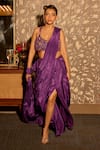 Buy_Krishna Padia_Purple Crepe Sequins, Beads V-neck Hand Embroidered Pre-draped Saree Set _at_Aza_Fashions