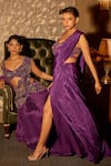 Buy_Krishna Padia_Purple Crepe Sequins, Beads V-neck Hand Embroidered Pre-draped Saree Set _Online_at_Aza_Fashions