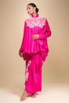 Buy_Anamika Khanna_Fuchsia Silk Embroidery, Zari Collared Floral Zardozi Draped Skirt Set _Online_at_Aza_Fashions