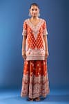 Shop Sheetal Batra Orange Embroidery V-neck Burnt Kurta Sharara Set Online at Aza Fashions Shop_Sheetal Batra_Orange Embroidery V-neck Burnt Kurta Sharara Set_Online_at_Aza_Fashions