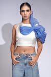 Buy_Shruti S_Blue Silk, Organza Crew Neck Shoulder Drape Top _at_Aza_Fashions
