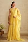 Buy_Saisha_Yellow Chanderi Silk, Organza Sequins, Embroidery Round Neck Lemon Kurta Set _at_Aza_Fashions