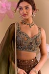 Shop_Samyukta Singhania_Olive Green Silk, Brocade Sequins, Embroidery Round Neck Hand Lehenga Set _Online_at_Aza_Fashions