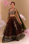 Shop_Samyukta Singhania_Olive Green Silk, Brocade Sequins, Embroidery Round Neck Hand Lehenga Set 