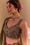 Samyukta Singhania_Olive Green Silk, Brocade Sequins, Embroidery Round Neck Hand Lehenga Set _Online