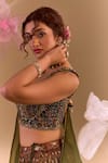 Buy_Samyukta Singhania_Olive Green Silk, Brocade Sequins, Embroidery Round Neck Hand Lehenga Set _Online