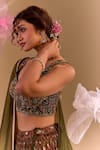 Samyukta Singhania_Olive Green Silk, Brocade Sequins, Embroidery Round Neck Hand Lehenga Set 