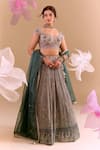 Shop Samyukta Singhania Teal Brocade, Silk Embroidery Round Neck Green Hand Lehenga Set at Aza Fashions Shop_Samyukta Singhania_Teal Brocade, Silk Embroidery Round Neck Green Hand Lehenga Set_at_Aza_Fashions