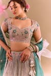 Shop Samyukta Singhania Teal Brocade, Silk Embroidery Round Neck Green Hand Lehenga Set Shop_Samyukta Singhania_Teal Brocade, Silk Embroidery Round Neck Green Hand Lehenga Set