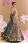 Shop Samyukta Singhania Teal Brocade, Silk Embroidery Round Neck Green Hand Lehenga Set Online Shop_Samyukta Singhania_Teal Brocade, Silk Embroidery Round Neck Green Hand Lehenga Set_Online